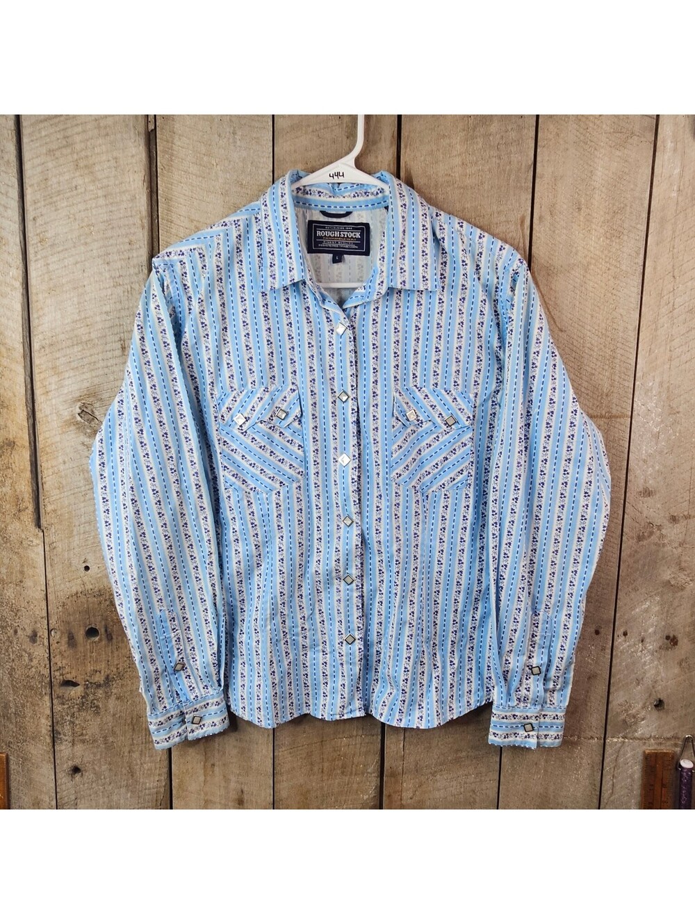 Rough Stock Panhandle Slim Men's Large L Blue White Floral Striped Pearl Snap